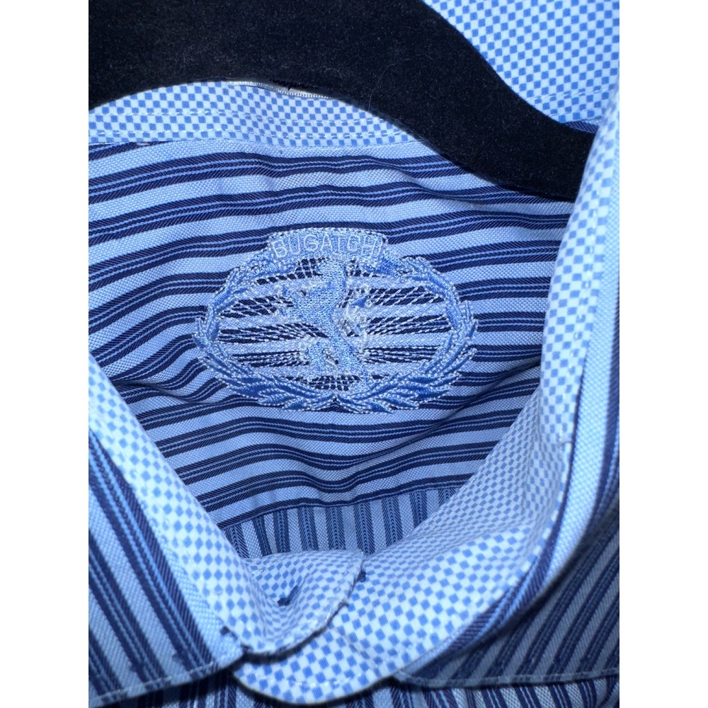 Bugatchi Uomo Mens XL Blue White Striped Shaped Fit Long Sleeve Button Down